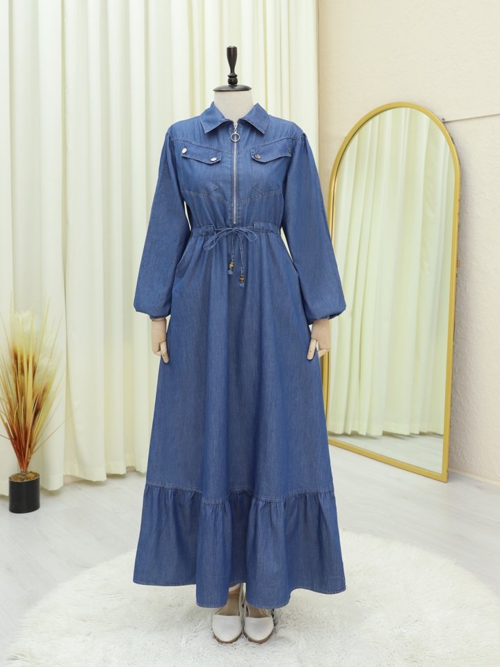 Tünel Bağcıklı Yarım Fermuarlı Cepli Kot Elbise -İndigo