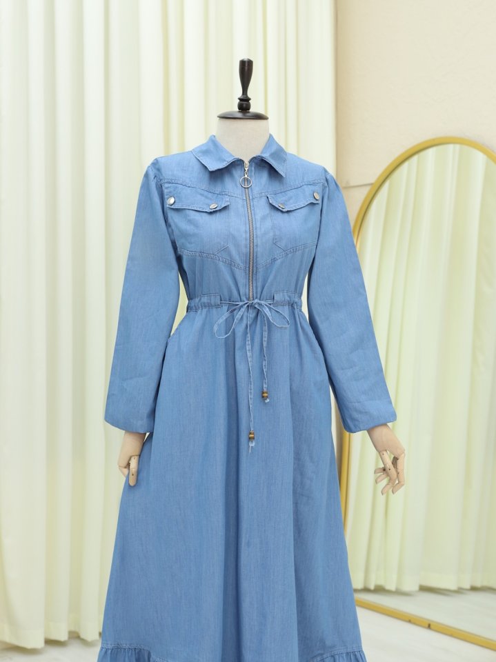 Tünel Bağcıklı Yarım Fermuarlı Cepli Kot Elbise -Mavi