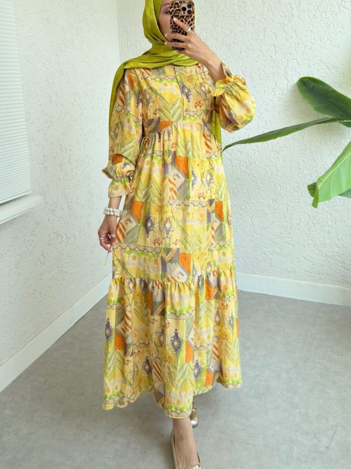 Yandan Bağcıklı Kolu Lastikli Yarım Düğmeli Viskon Elbise -Yağ Yeşili