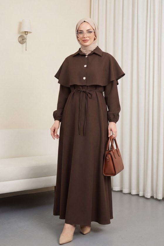 Yakalı Pelerin Detaylı Kemerli Kolu Lastikli Krep Elbise -Kahve
