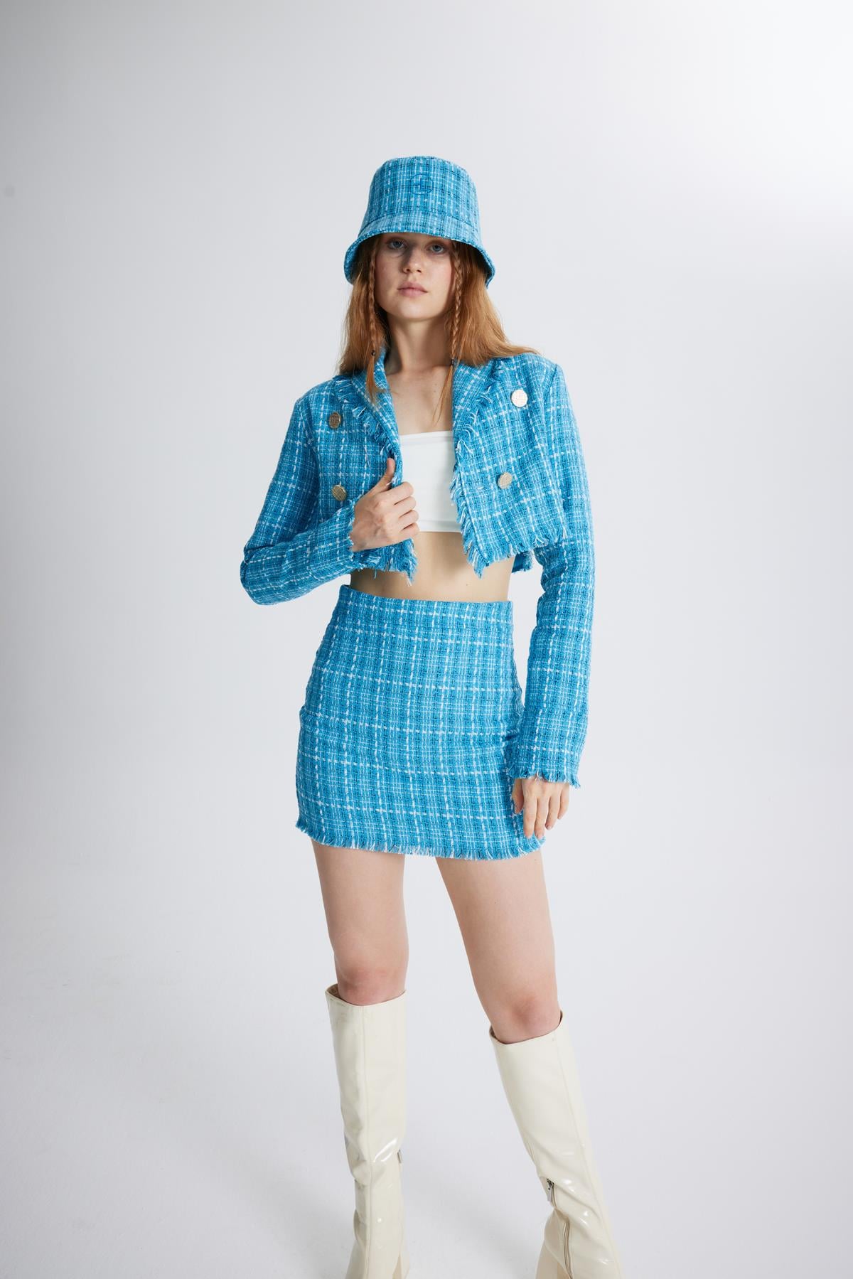 Tüvit Kumaş Mini Tweed Etek Mavi