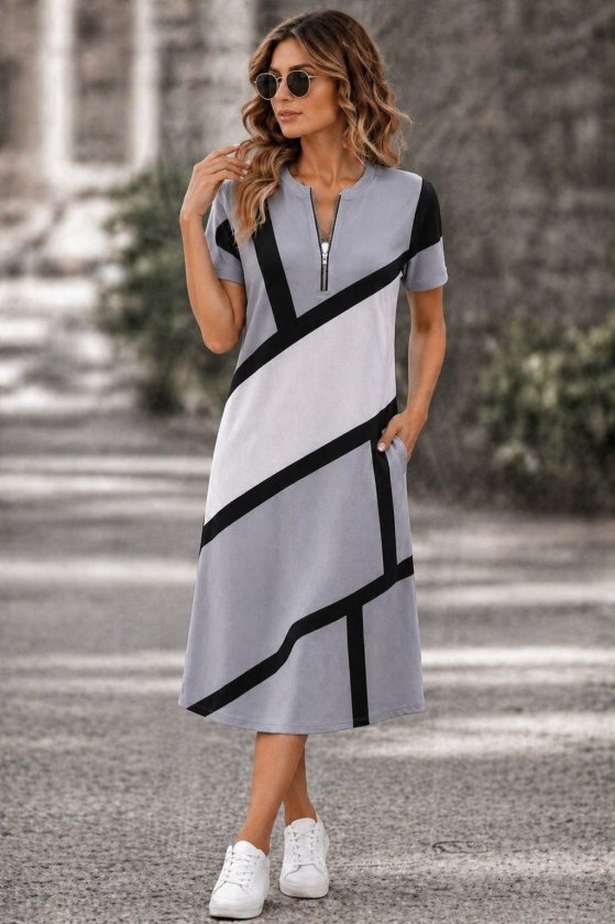 Women’s Short Sleeve Zip-Up Patterned Short Supreme Dress