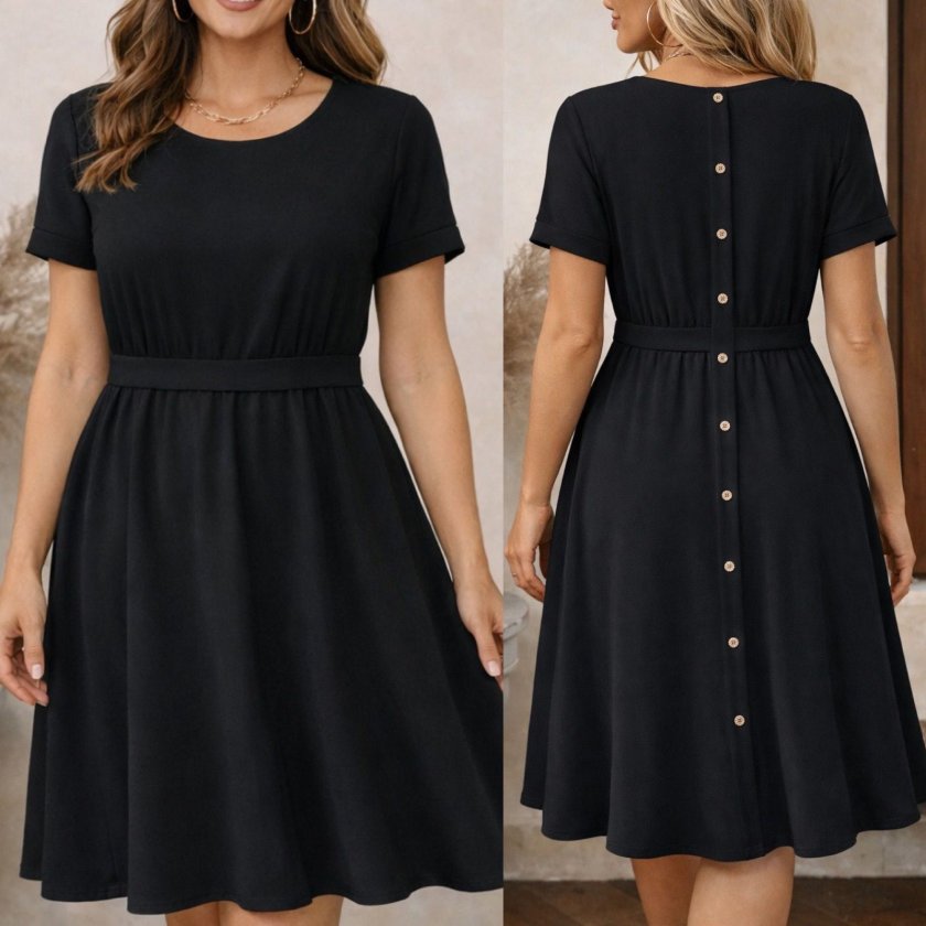 Women's Short Sleeve Round Neck Back Buttoned Viscose Midi Dress