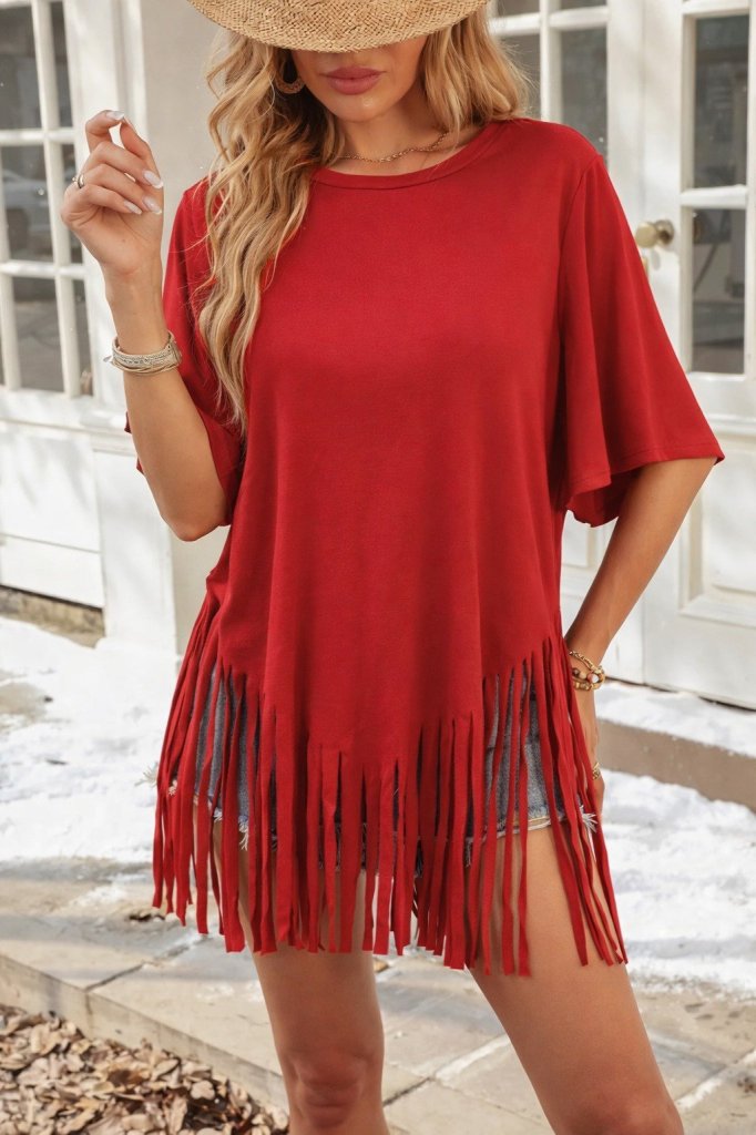 Women's Short Sleeve Crew Neck Tassel Viscose Blouse
