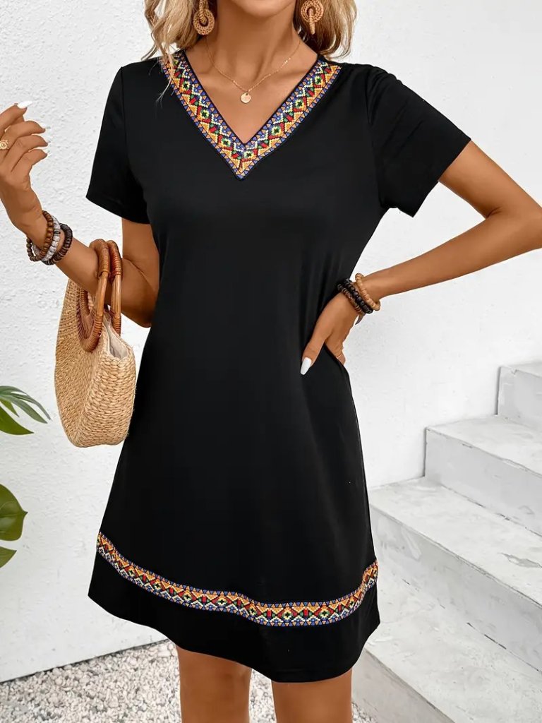 Women's Short Sleeve V Neck Ethnic Pattern Stripe Detail Viscose Dress