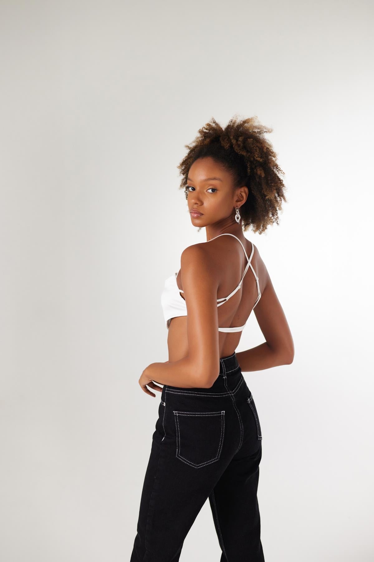 Bel Bağlamalı Askılı Saten Shery Crop Beyaz