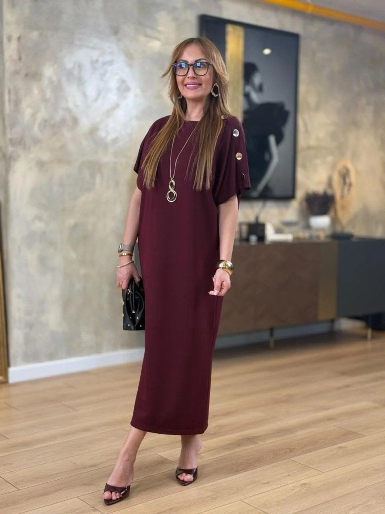 Women's Short Sleeve Crew Neck Shoulder Button Long Viscose Double Thread Dress