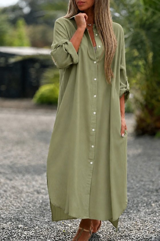Women's Long Sleeve Collared Front Button Wide Cut Detailed Long Dress