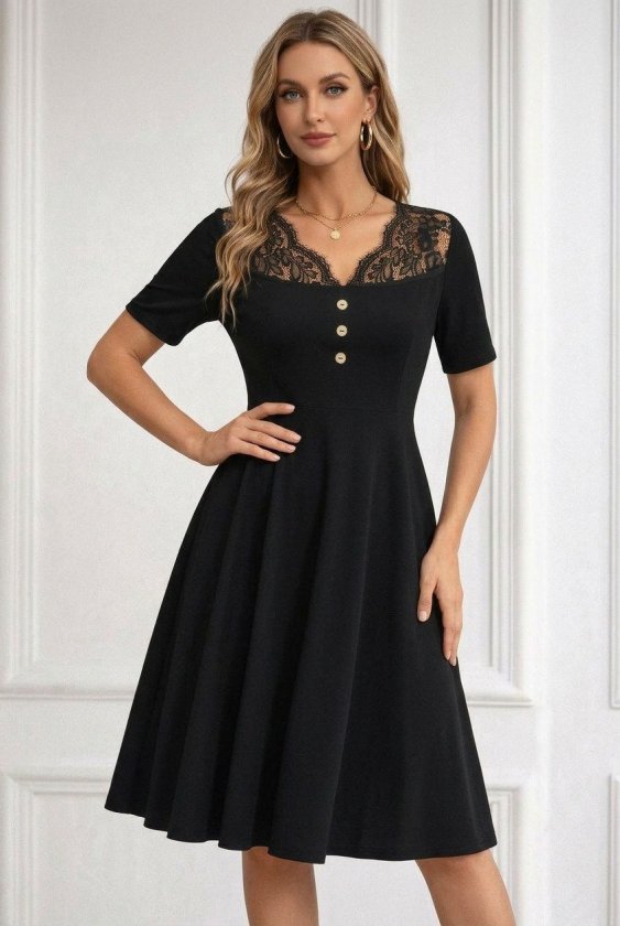 Women's Short Sleeve Lace V-Neck Buttoned Short Ruffle Crepe Dress
