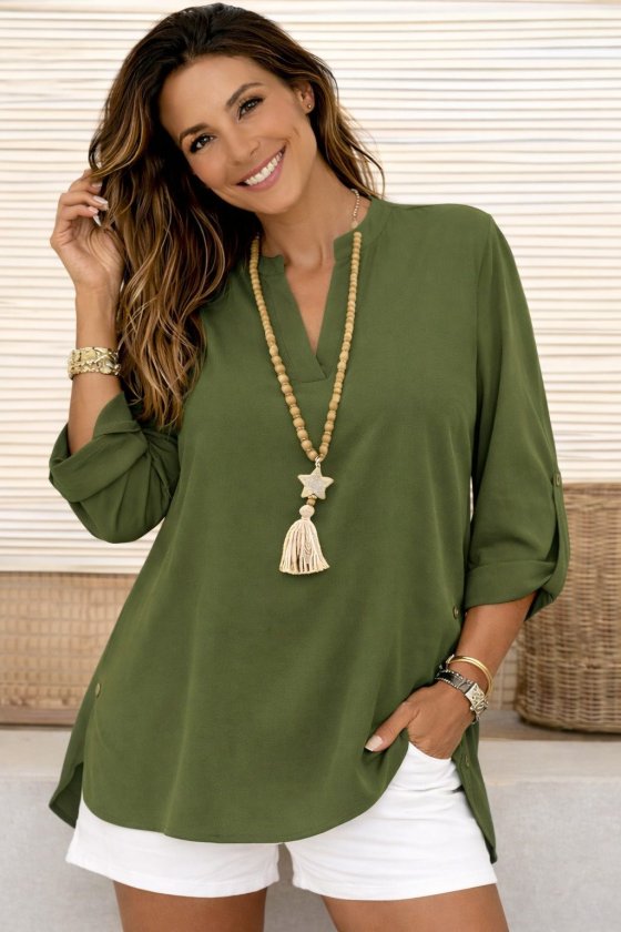 Women's Three-Quarter Sleeve Mandarin Collar Side Button Detailed Aerobin Blouse