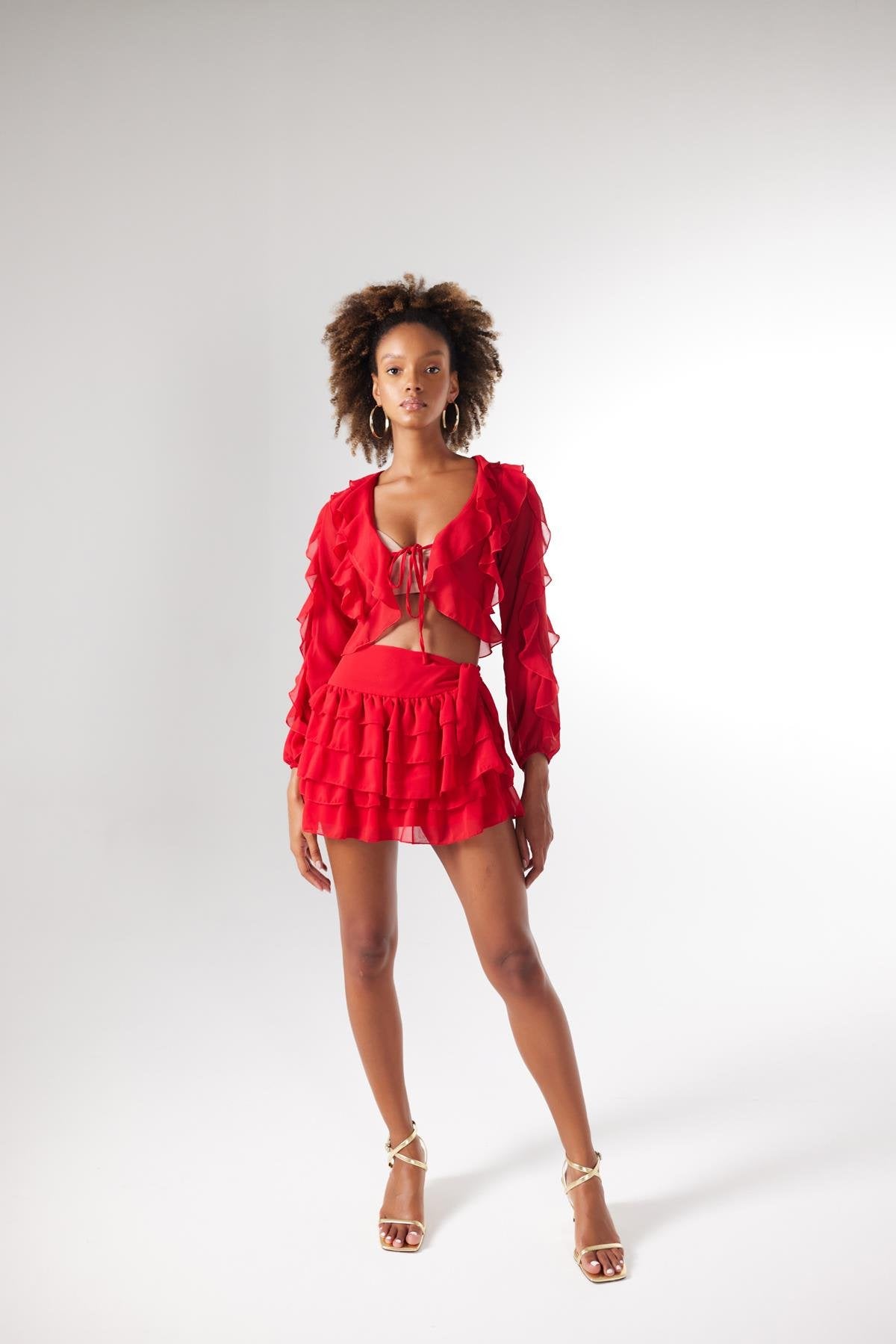 Crop Model Bağlamalı Kol Detaylı Elsa Bluz Kırmızı