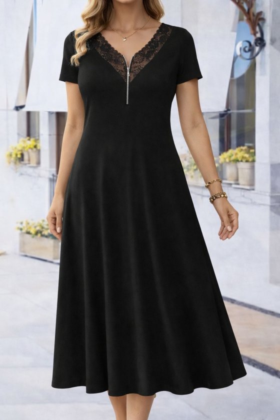 Women's Short Sleeve Lace V-Zip Neck Long Viscose Dress