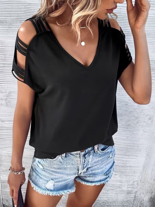 Women's Short Sleeve V Neck Stripe Detail Viscose Blouse