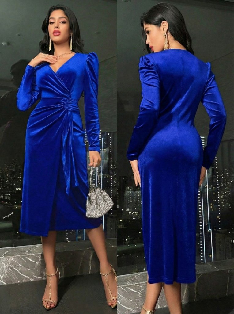 Women's Long Sleeve Wrap Collar Side Ruched Midi Velvet Dress