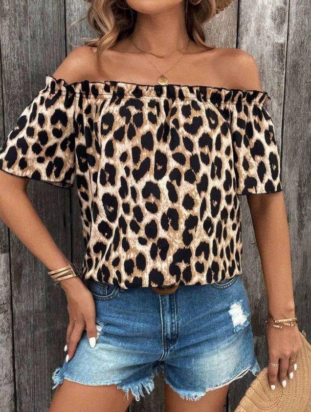 Women’s Madonna Neck Ruffled Leopard Print Microfabric Blouse