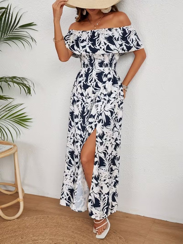 Women's Off-Shoulder Madonna Neck Floral Patterned Slit Long Supreme Dress