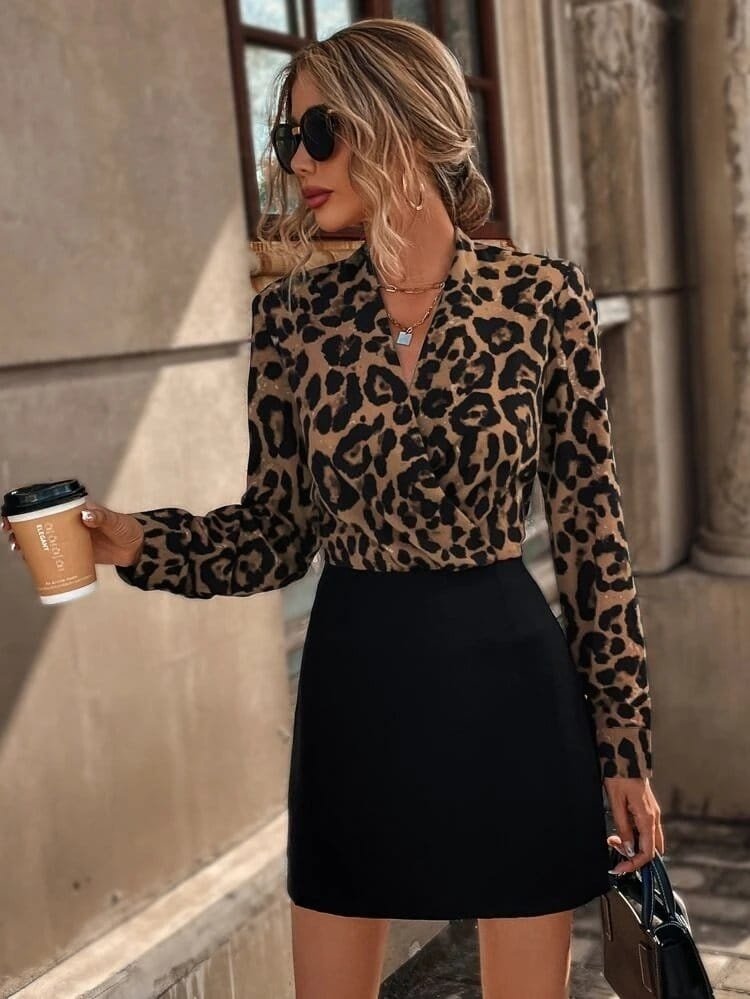 Women's Long Sleeve Wrap Collar Top Neoprene Bottom Imported Crepe Mini Dress