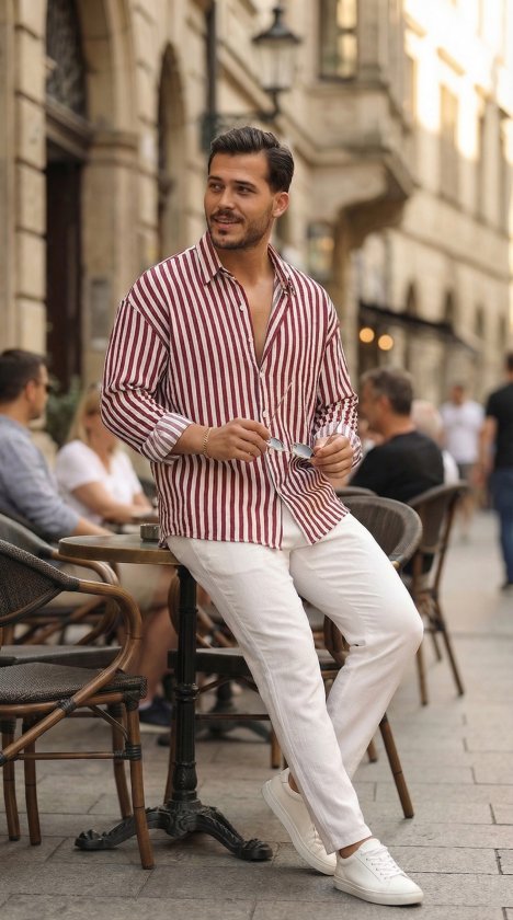 Erkek Dikey Çizgili Yarım Oversize Gömlek