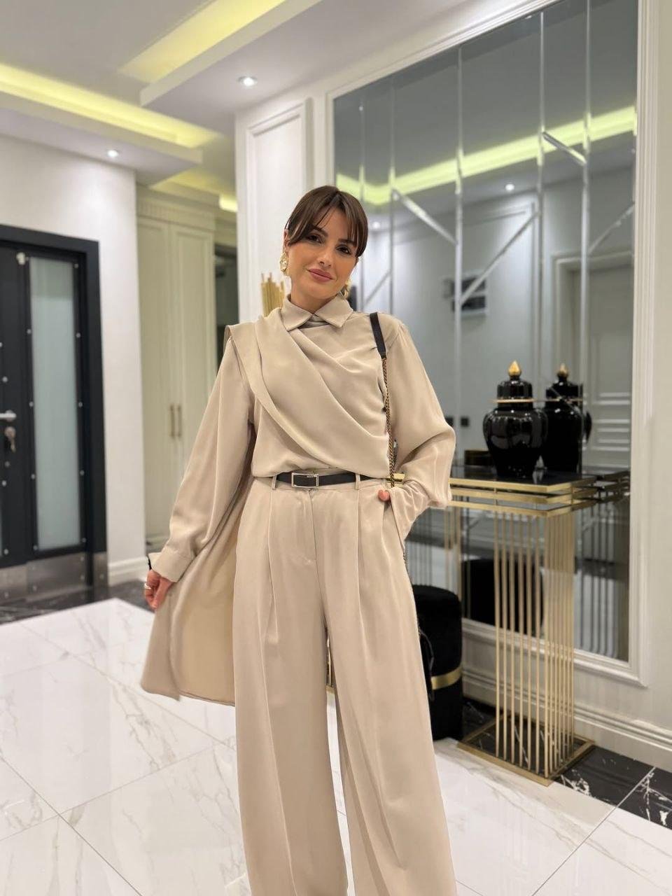 Women's Long Sleeve Shawl Detail Blouse and Pants Two-Piece Set (Belt Not Included)