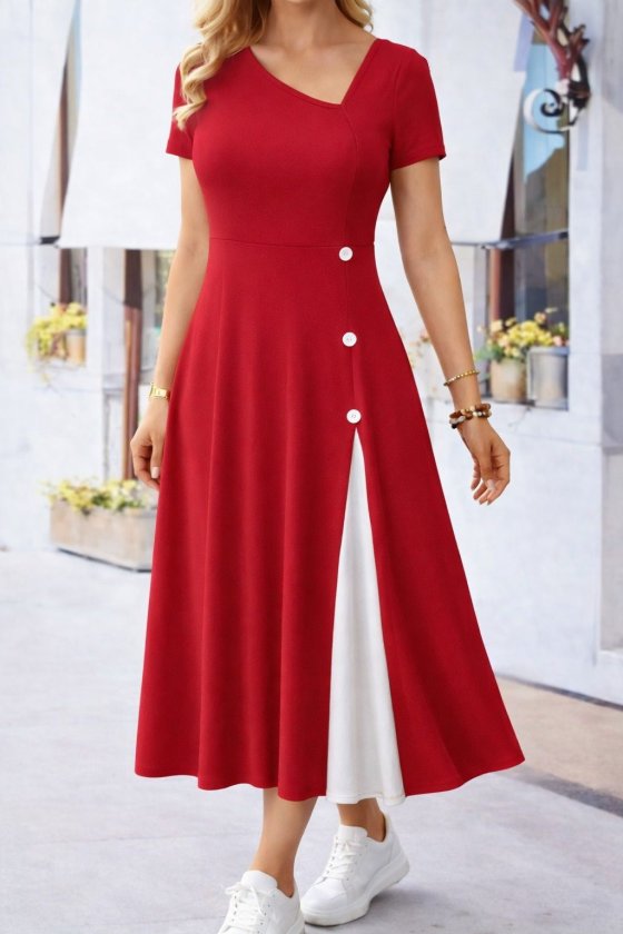Women's Short Sleeve Asymmetric Collar Button Detail Midi Viscose Dress