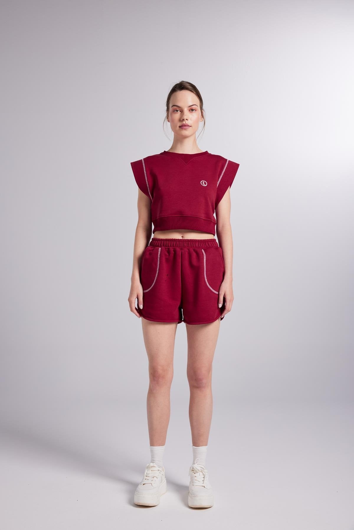 Crop Kesim Kontrast Dikişli Rhode Tshirt Bordo