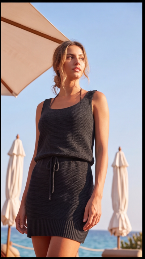 Women's Spaghetti Strap Square Neck Waist Tie Knit Pareo