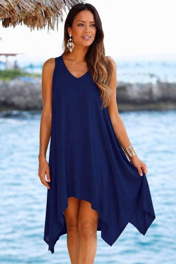 Women's Sleeveless V-Neck Asymmetric Cut Detailed Short Viscose Dress