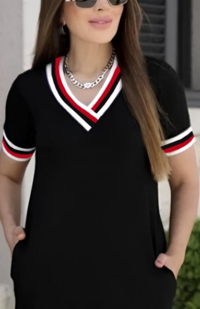 Kadın Kısa Kollu V Yaka Ribana Detay Midiboy Viskon Elbise