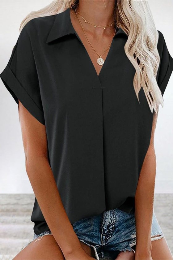 Women's Short Sleeve Collared Woven Viscose Blouse