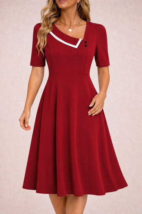 Women's Short Sleeve Asymmetric Collar Detailed Midi Ruffle Crepe Dress
