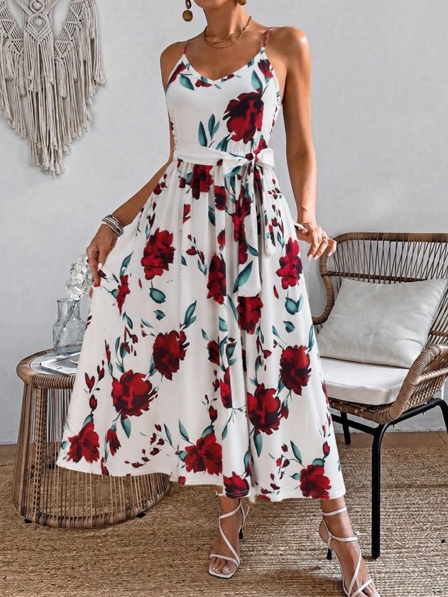 Women's Spaghetti Strap V-Neck Waist Belted Long Patterned Supreme Dress