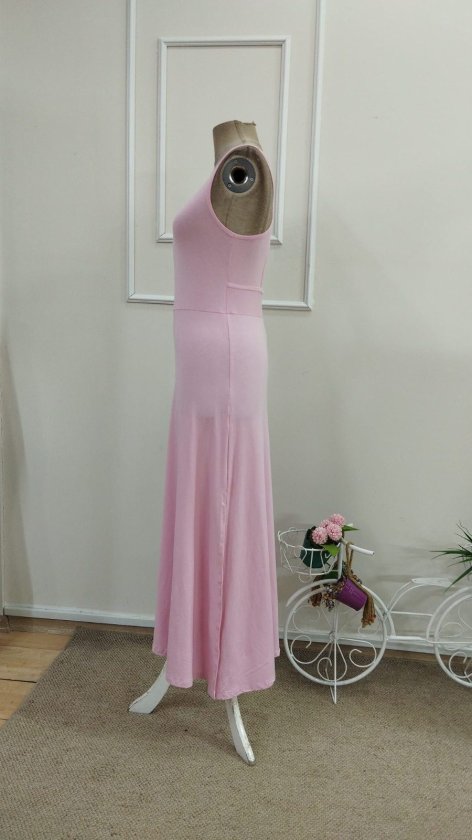 Women's Back Cross Detail Round Neck Maxi Viscose Dress
