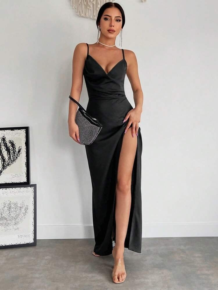 Women's Spaghetti Strap Wrap Collar Slit Crepe Dress
