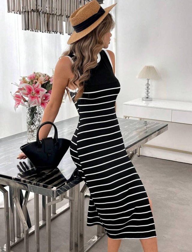 Women's Sleeveless Round Neck Blouse with Strap Detail and Slit Midi Knit Dress