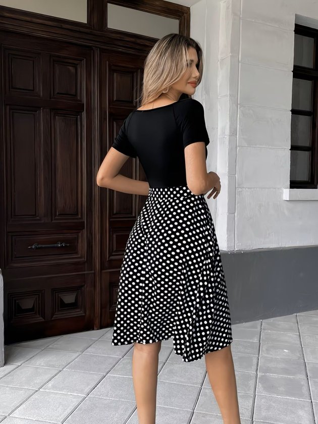 Women's Short Sleeve V-Neck Top Viscose Bottom Polka Dot Short Knit Crepe Dress