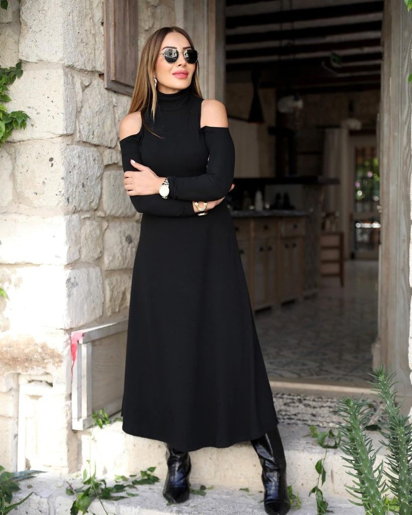 Women’s Turtleneck Off-Shoulder Long Sleeve Ruffled Crepe Dress