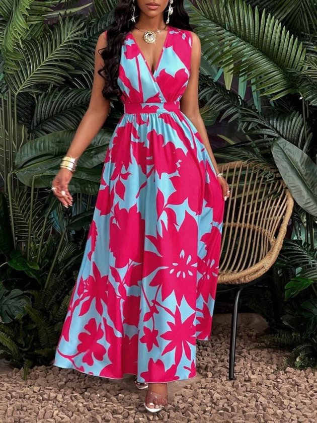 Women’s Strappy Wrap Neck Floral Pattern Long Supreme Dress