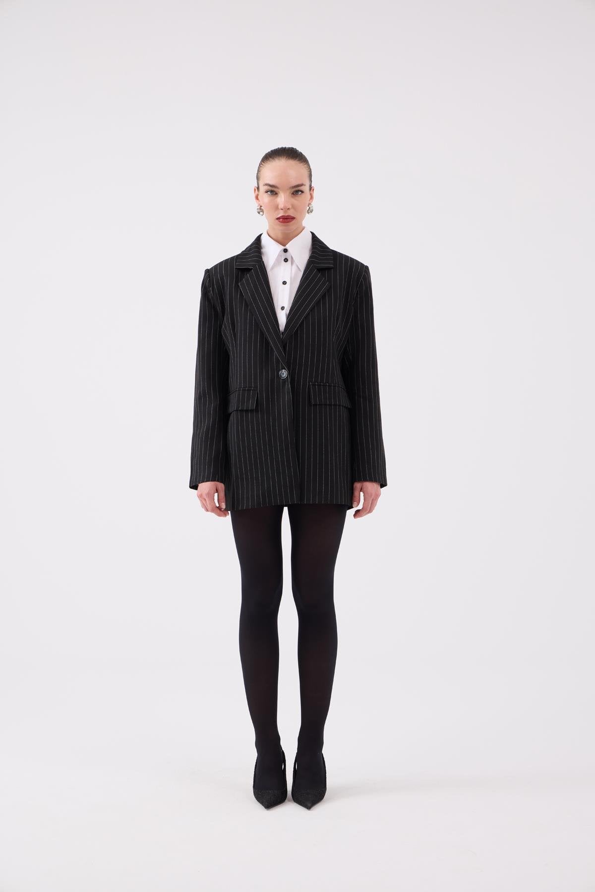 Oversize Kesim Çizgili Strip Blazer Ceket Siyah Siyah L