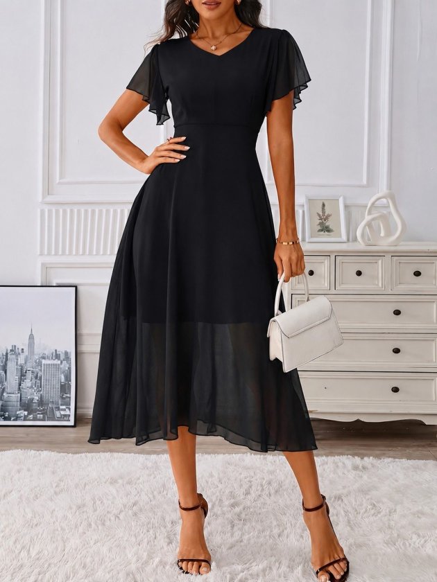 Women's Short Sleeve V-Neck Midi Lined Chiffon Dress