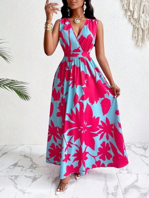 Women’s Strappy Wrap Neck Floral Pattern Long Supreme Dress