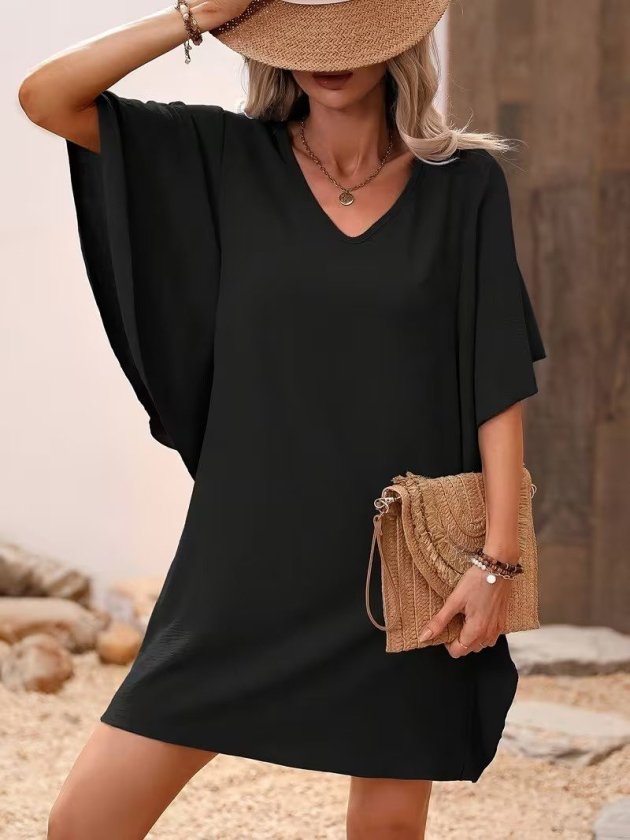 Women's Short Sleeve V Neck Side Ruffle Short Imported Crepe Dress