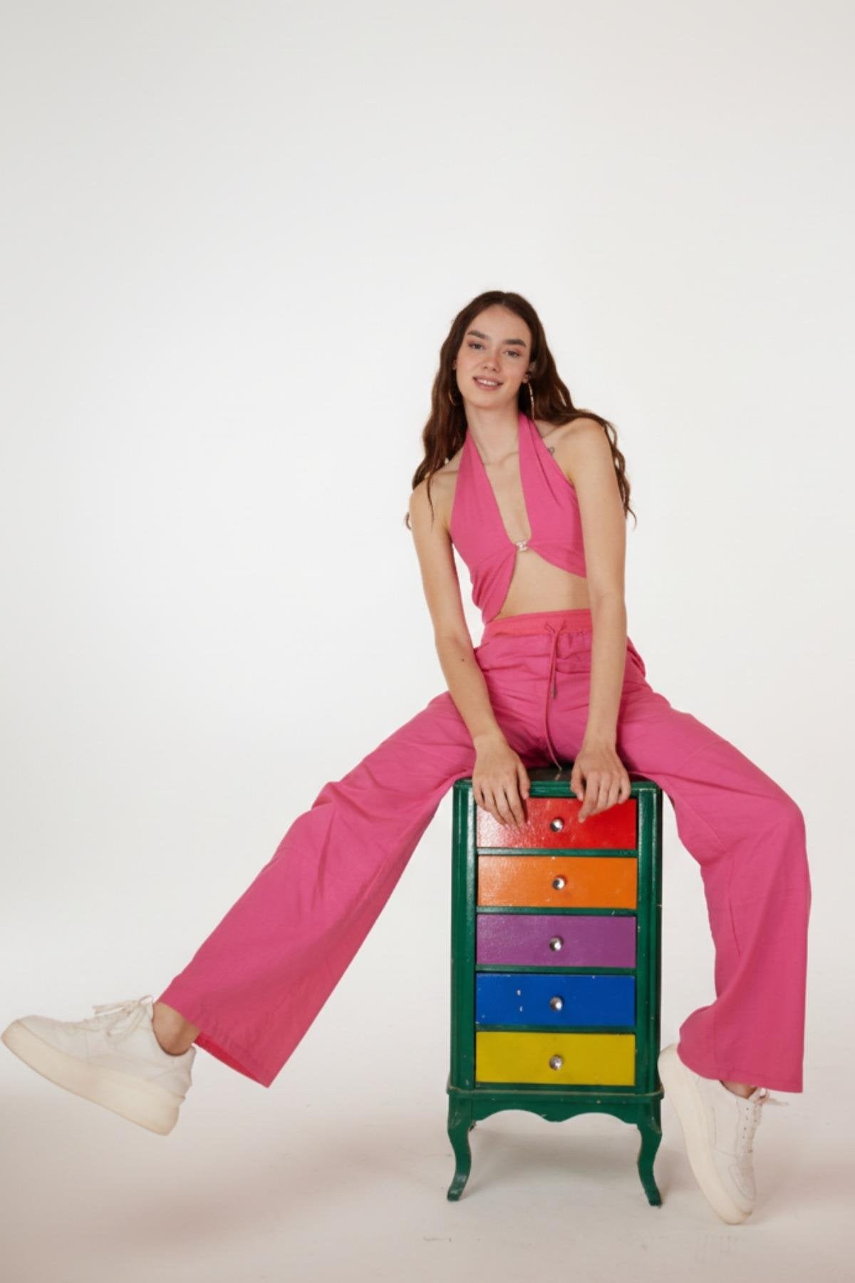 Koton Kumaş Kayışlı Bol Kesim Rise Pantolon Pembe