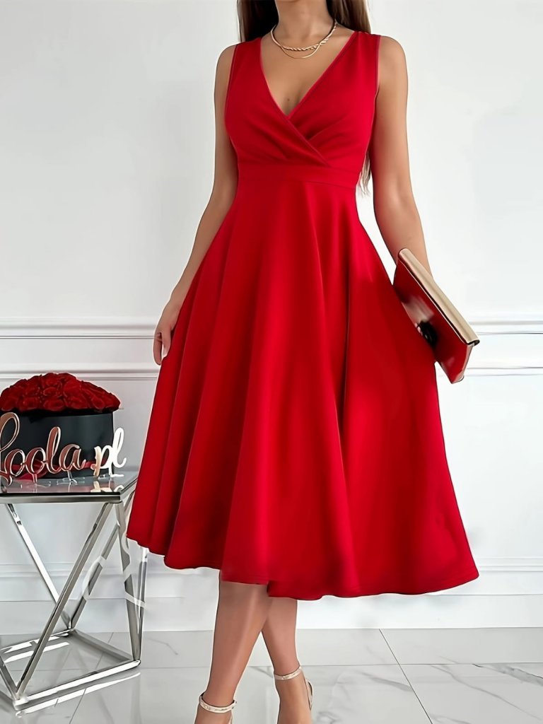 Women's Imported Crepe Fabric Wrap Collar Flared Hem Sleeveless Mini Dress