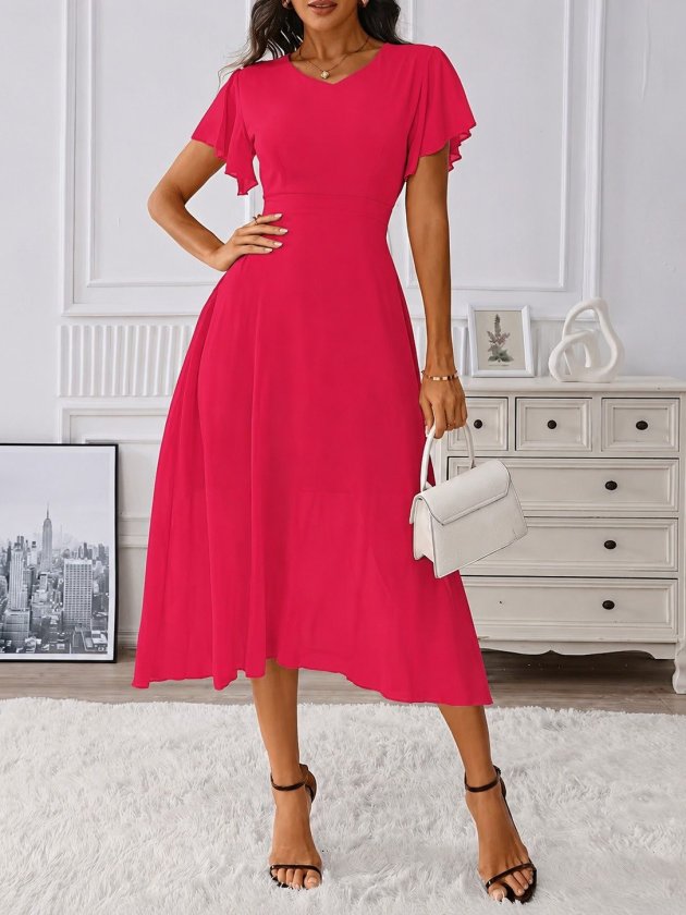 Women's Short Sleeve V-Neck Midi Lined Chiffon Dress