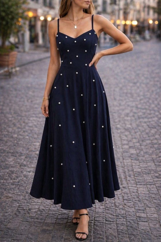 Women's Spaghetti Strap V-Neck Pearl Detailed Long Ruffled Crepe Dress