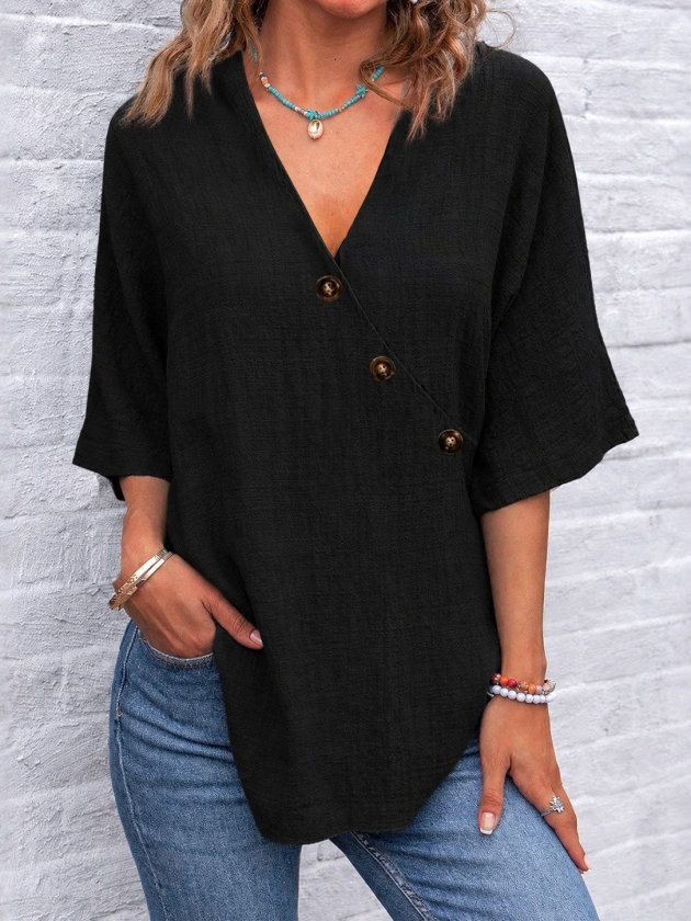 Women's Short Sleeve V-Neck Buttoned Blouse