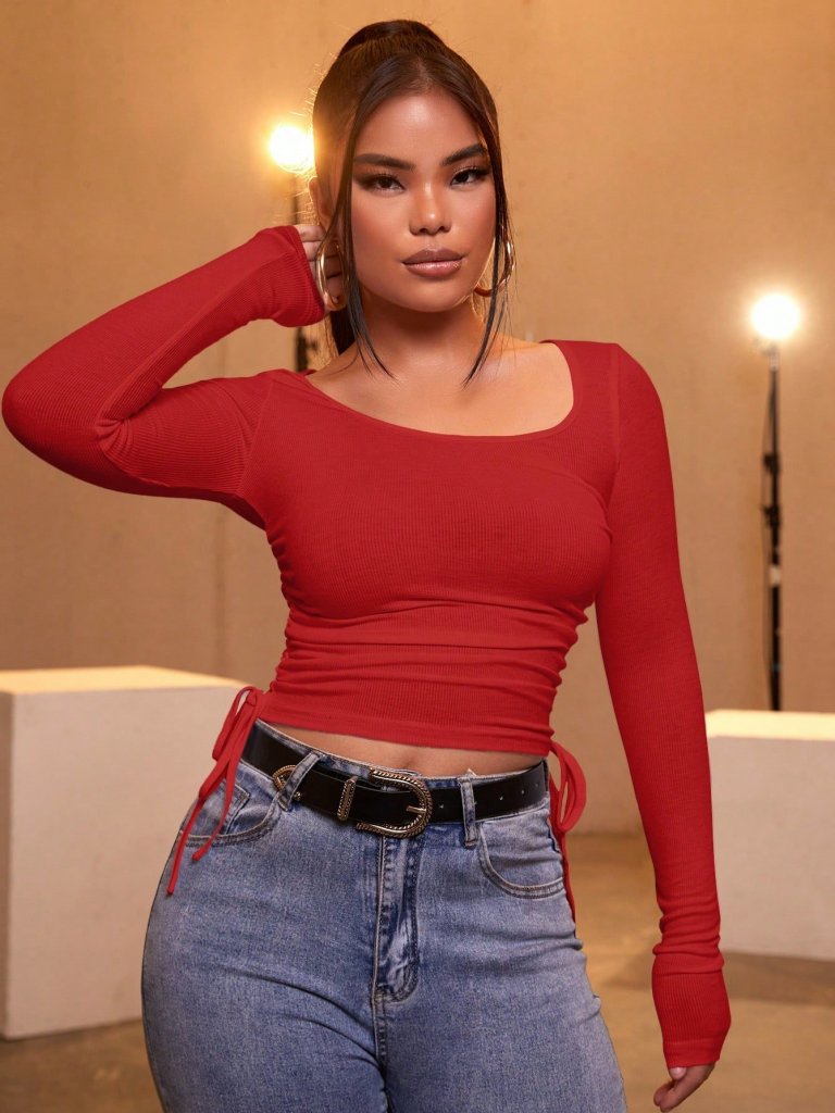 Women's Red Ribbed Fabric Blouse