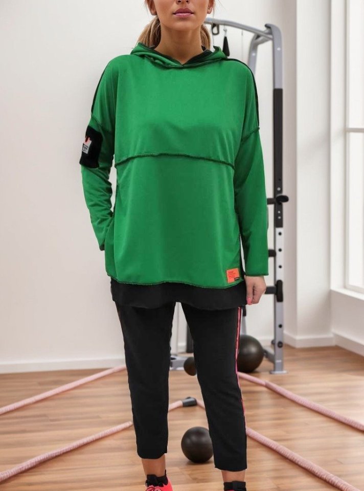 Women's Green Hooded Hem Detail Patch Reverse Stitch Appearance Two-Piece Set