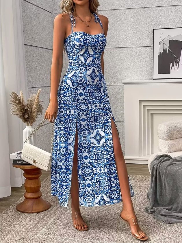 Women's Spaghetti Strap Cross-Back Tie Detail Slit Patterned Midi Supreme Dress