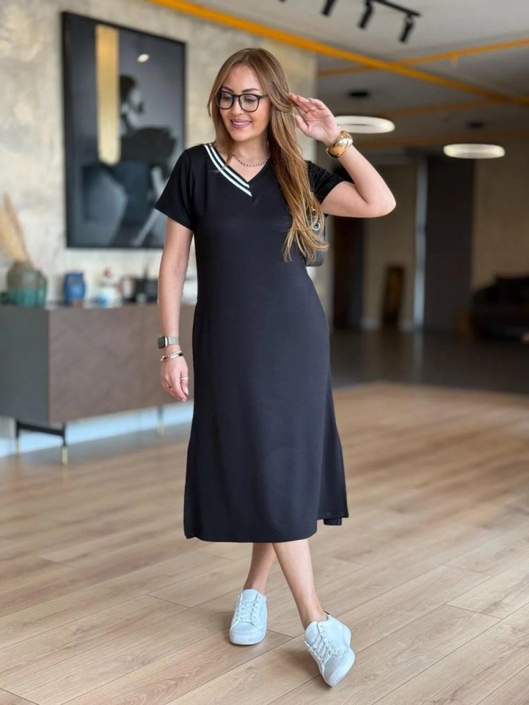 Women's Short Sleeve V Ribbed Collar Slit Midi Viscose Double Thread Dress